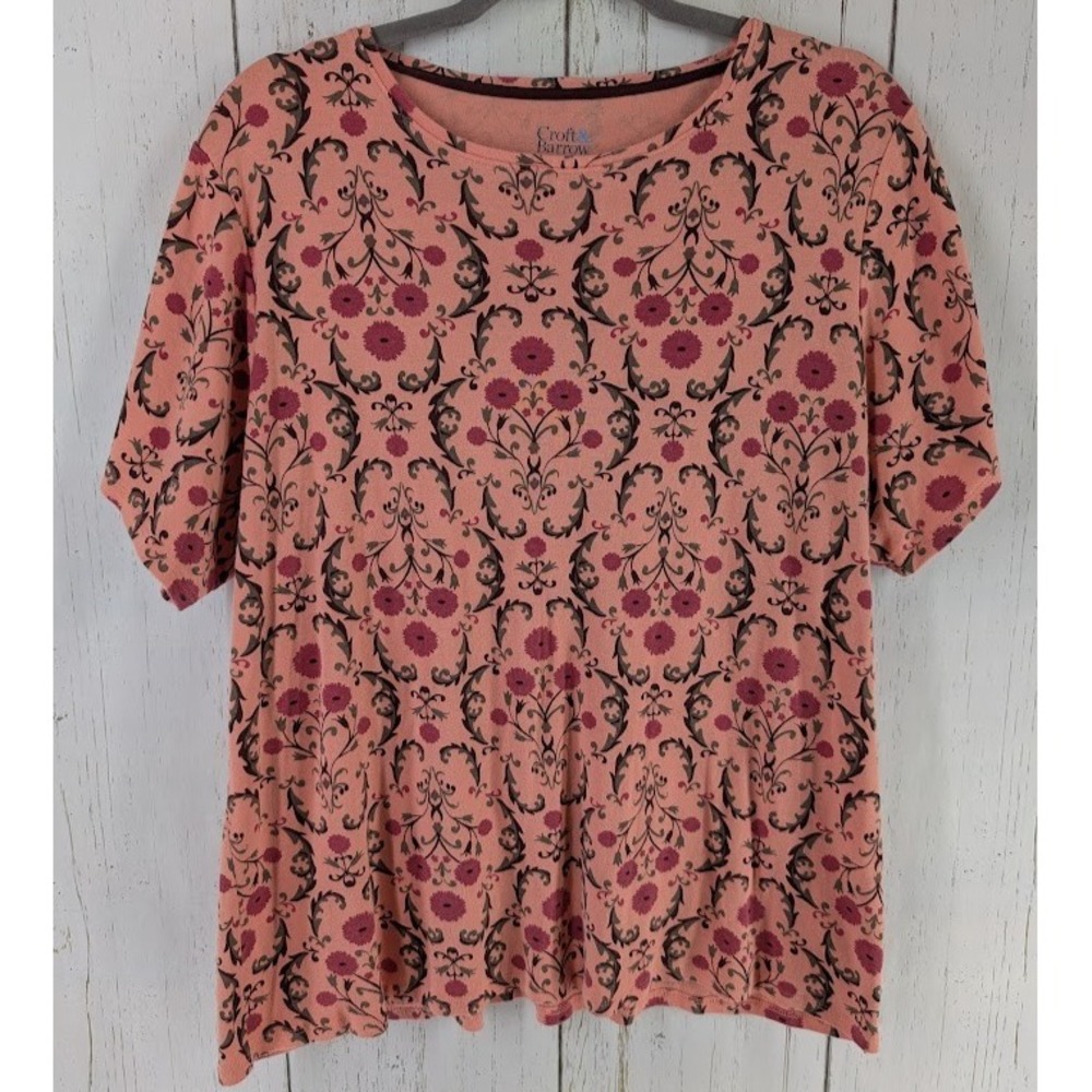 Croft Barrow Size 1X The Classic Tee Orange Floral Womens Short Sleeve Top